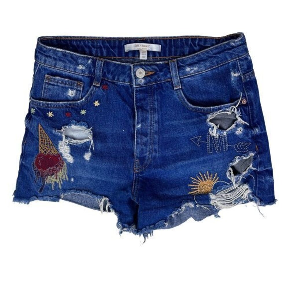 Zara Womens Shorts Size 4 Medium‎ Wash Denim Button Fly High Rise Embroidered